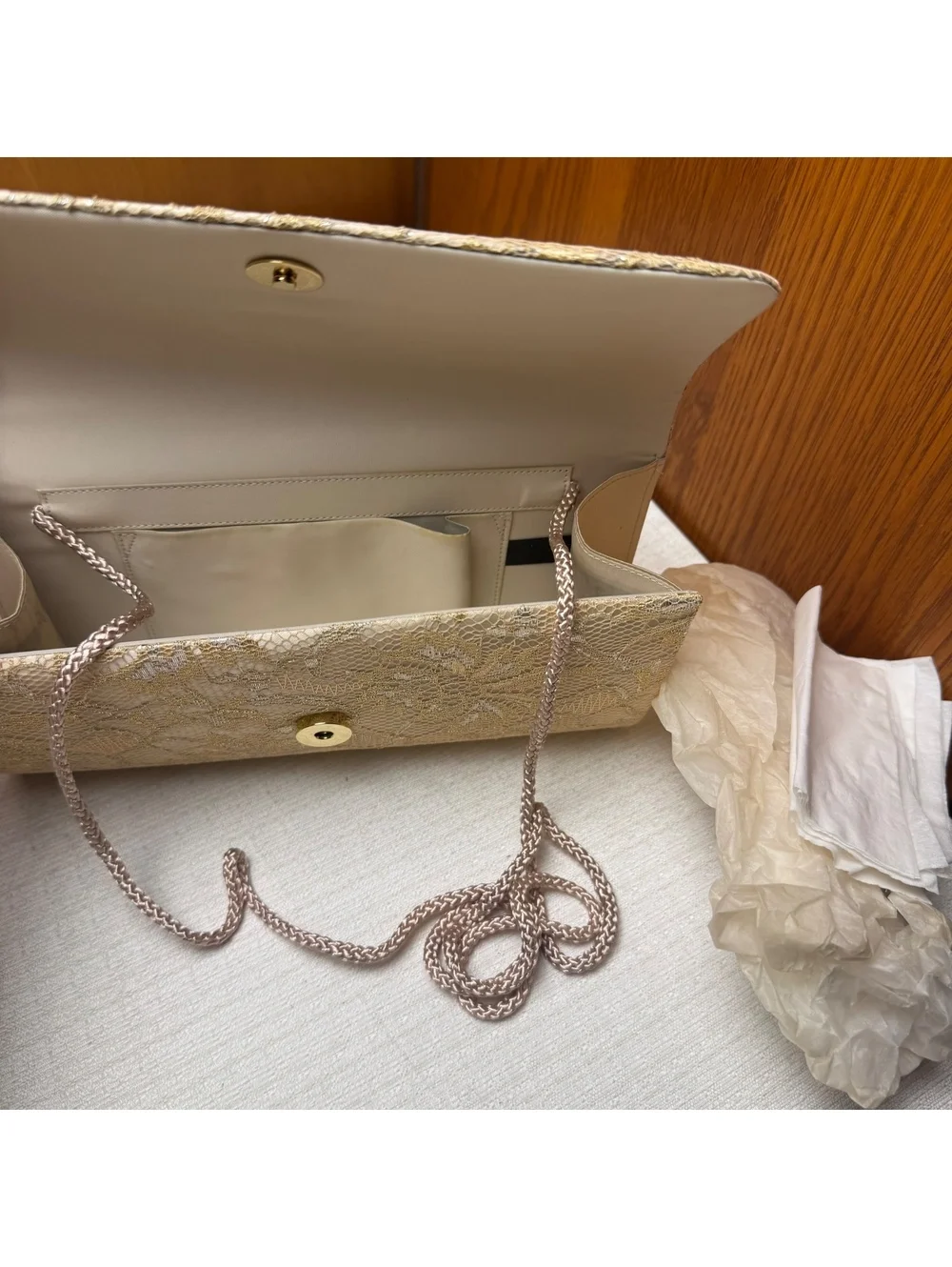 Vintage Gold Metallic Lace Evening Clutch Purse Chain Strap Formal Handbag